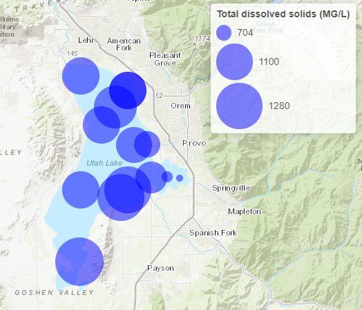 Spatial patterns in total dissolved solids in Utah Lake. Data extracted and analyzed using tools developed by the IR programming team. Note the substantially lower TDS concentrations in Provo Bay (east bay of lake)